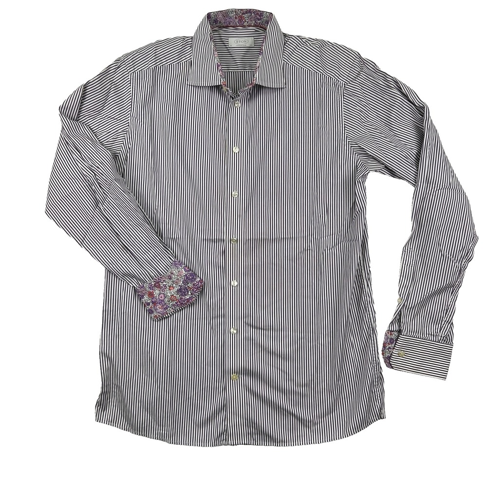 ETON Shirt Mens 16.5 42 Contemporary Stripe Floral Trim Convertible Cuff‎ Dressy